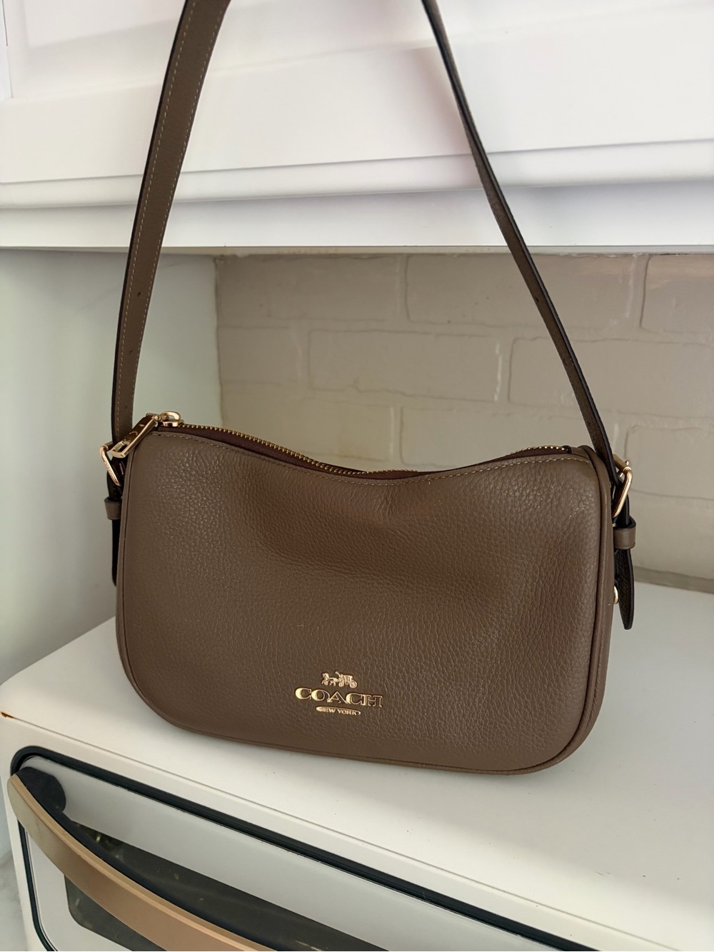Coach Taupe Brown Pebbled Leather Shoulder Bag with Gold Hardware